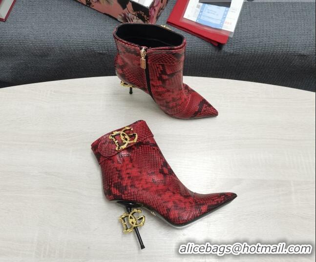 Good Quality Dolce & Gabbana DG Snakeskin Print Leather Ankle Short Boots 10.5cm Red 111526