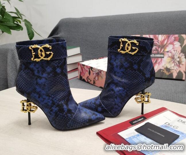 Luxury Cheap Dolce & Gabbana DG Snakeskin Print Leather Ankle Short Boots 10.5cm 111526 Blue