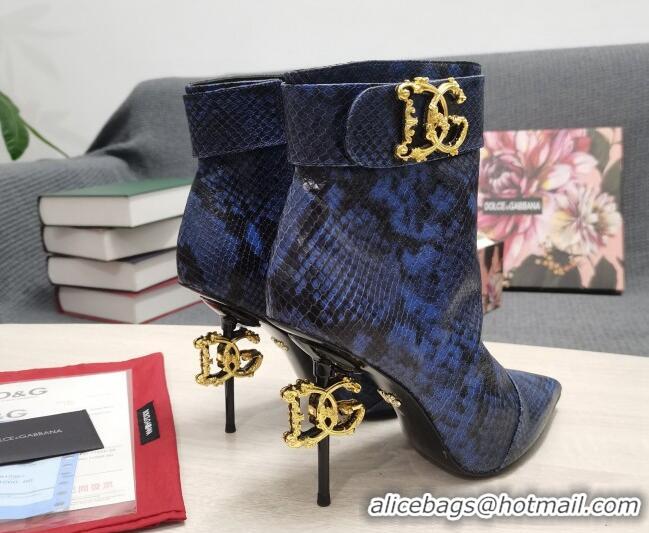 Luxury Cheap Dolce & Gabbana DG Snakeskin Print Leather Ankle Short Boots 10.5cm 111526 Blue