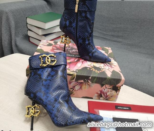 Luxury Cheap Dolce & Gabbana DG Snakeskin Print Leather Ankle Short Boots 10.5cm 111526 Blue