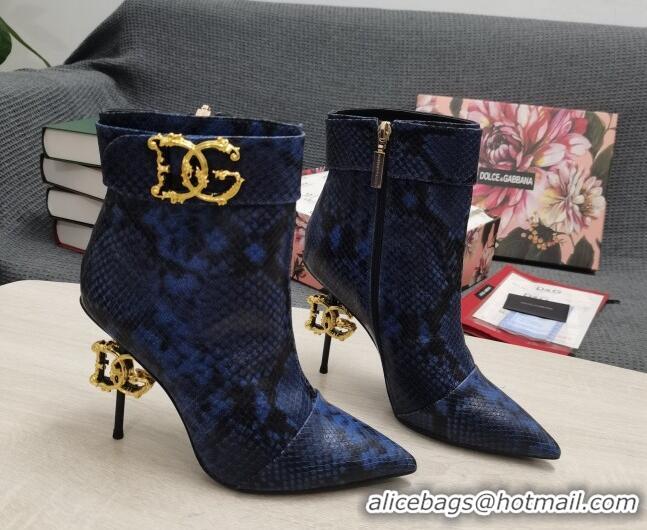 Luxury Cheap Dolce & Gabbana DG Snakeskin Print Leather Ankle Short Boots 10.5cm 111526 Blue