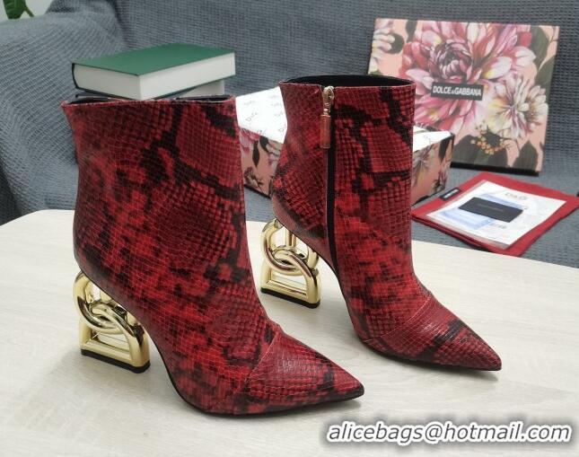 Best Luxury Dolce & Gabbana DG Snakeskin Print Ankle Short Boots 10.5cm 111531 Red/Gold