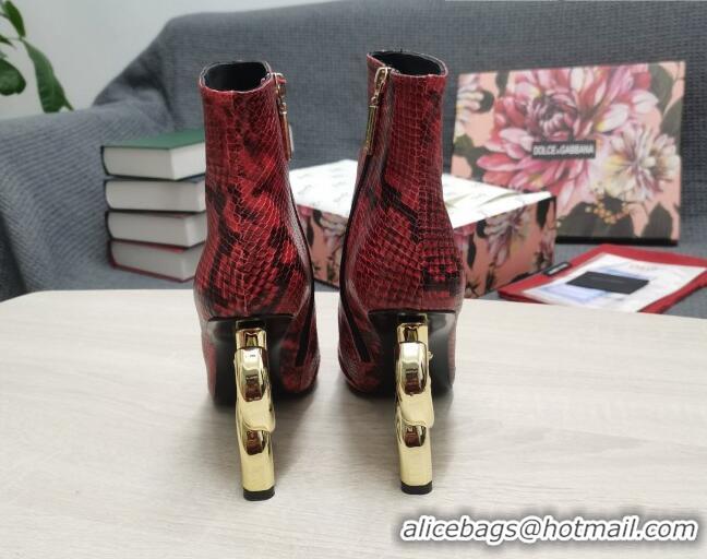 Best Luxury Dolce & Gabbana DG Snakeskin Print Ankle Short Boots 10.5cm 111531 Red/Gold