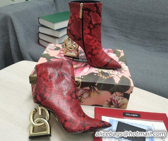 Best Luxury Dolce & Gabbana DG Snakeskin Print Ankle Short Boots 10.5cm 111531 Red/Gold