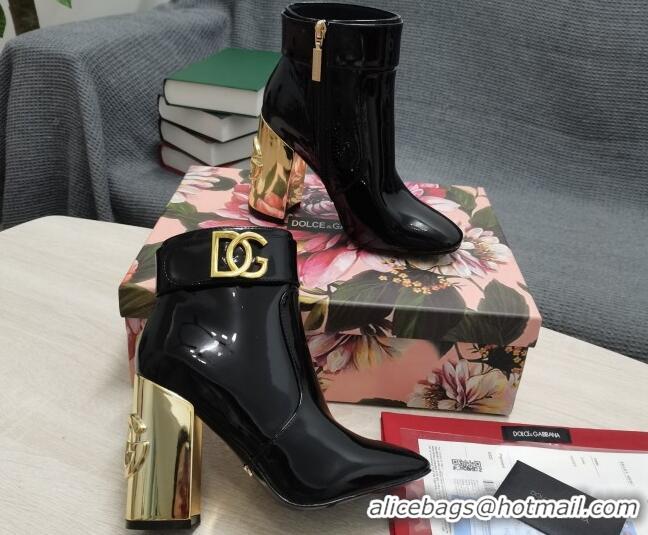 Good Product Dolce & Gabbana DG Patent Leather Ankle Short Boots 10.5cm 111536 Black/Gold