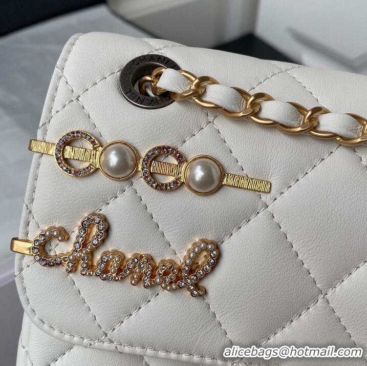 Top Quality Chanel Original Leather Pearl Hairpin Badge Bag AS2979 White