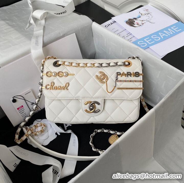 Top Quality Chanel Original Leather Pearl Hairpin Badge Bag AS2979 White