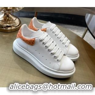 Discount Alexander Mcqueen White Silky Calfskin Crocodile-Like Back Sneakers Orange 111809