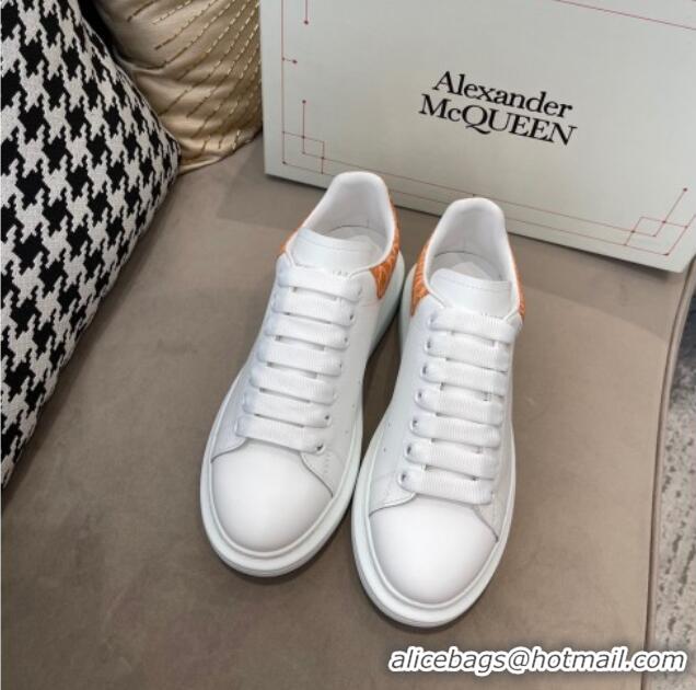 Discount Alexander Mcqueen White Silky Calfskin Crocodile-Like Back Sneakers Orange 111809