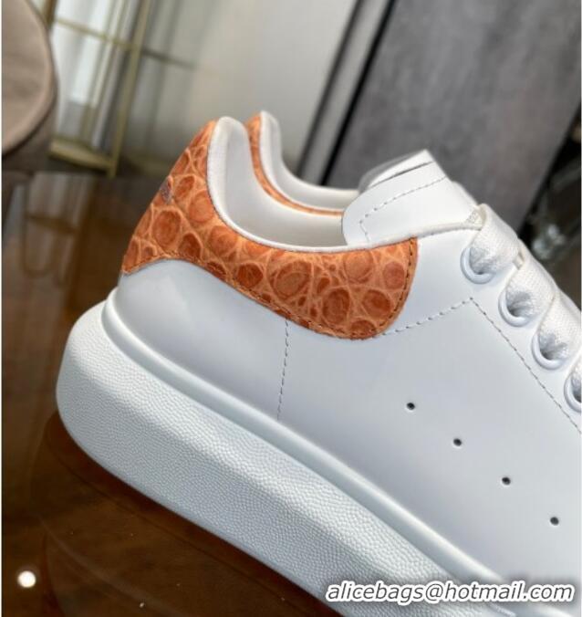 Discount Alexander Mcqueen White Silky Calfskin Crocodile-Like Back Sneakers Orange 111809