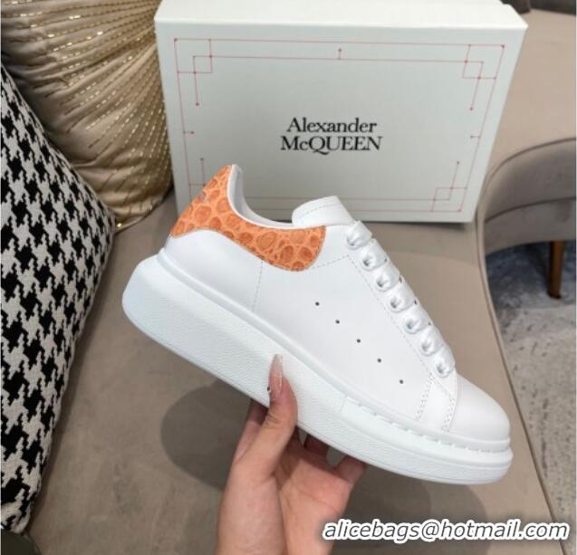 Discount Alexander Mcqueen White Silky Calfskin Crocodile-Like Back Sneakers Orange 111809