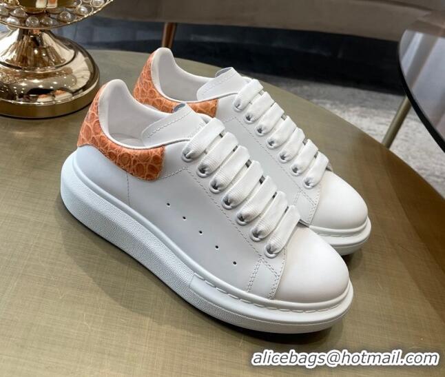 Discount Alexander Mcqueen White Silky Calfskin Crocodile-Like Back Sneakers Orange 111809