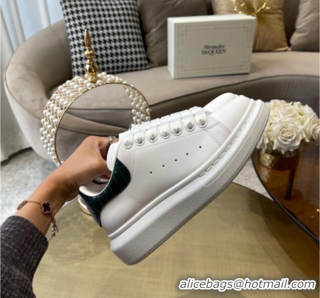 Top Quality Alexander Mcqueen White Silky Calfskin Crocodile-Like Back Sneakers Green 111811