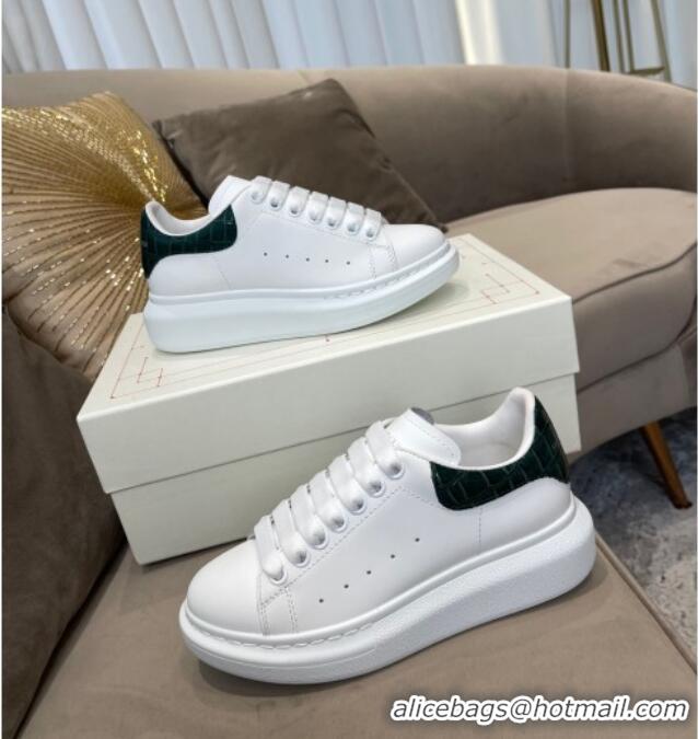 Top Quality Alexander Mcqueen White Silky Calfskin Crocodile-Like Back Sneakers Green 111811