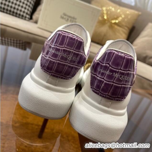 Unique Grade Alexander Mcqueen White Silky Calfskin Crocodile-Like Back Sneakers Purple 111812