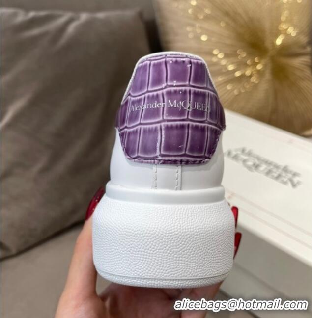 Unique Grade Alexander Mcqueen White Silky Calfskin Crocodile-Like Back Sneakers Purple 111812