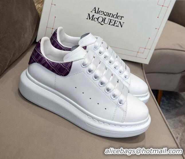 Unique Grade Alexander Mcqueen White Silky Calfskin Crocodile-Like Back Sneakers Purple 111812