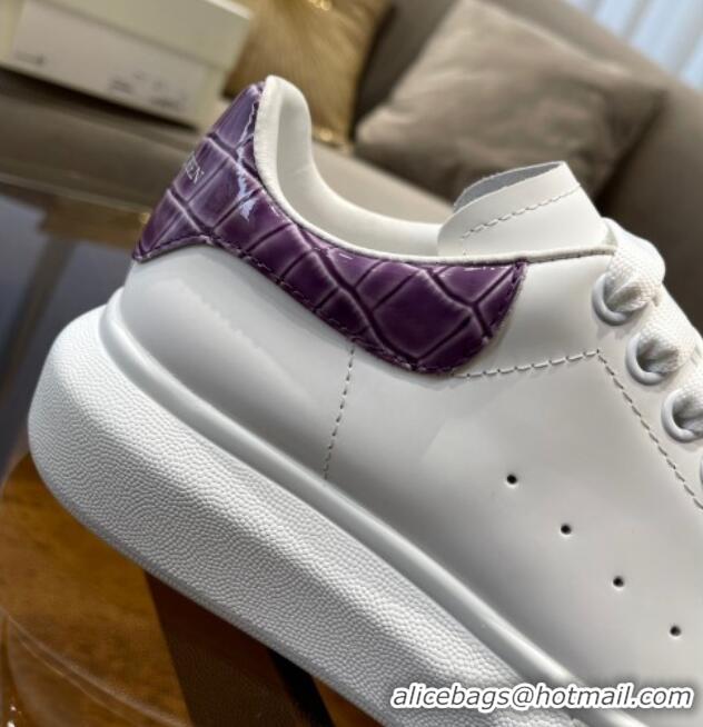 Unique Grade Alexander Mcqueen White Silky Calfskin Crocodile-Like Back Sneakers Purple 111812