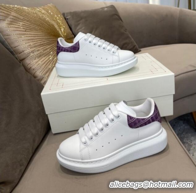 Unique Grade Alexander Mcqueen White Silky Calfskin Crocodile-Like Back Sneakers Purple 111812