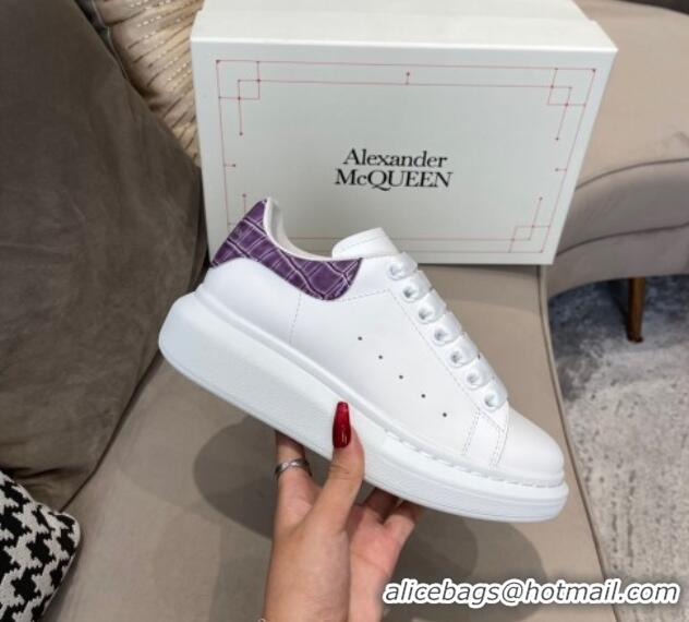 Unique Grade Alexander Mcqueen White Silky Calfskin Crocodile-Like Back Sneakers Purple 111812