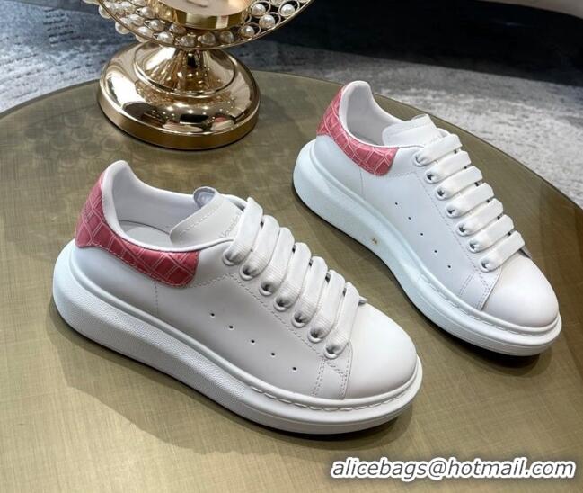 Good Product Alexander Mcqueen White Silky Calfskin Crocodile-Like Back Sneakers Pink 111813