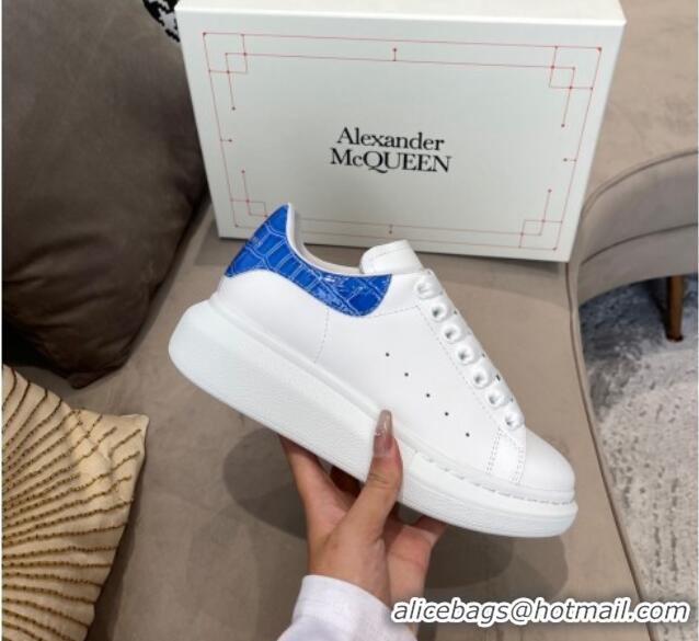 Low Cost Alexander Mcqueen White Silky Calfskin Crocodile-Like Back Sneakers Blue 111814