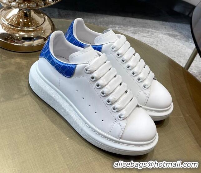 Low Cost Alexander Mcqueen White Silky Calfskin Crocodile-Like Back Sneakers Blue 111814