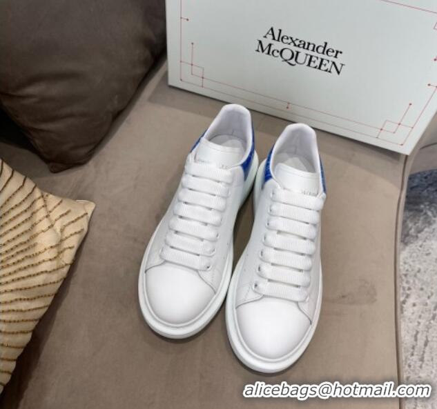 Low Cost Alexander Mcqueen White Silky Calfskin Crocodile-Like Back Sneakers Blue 111814