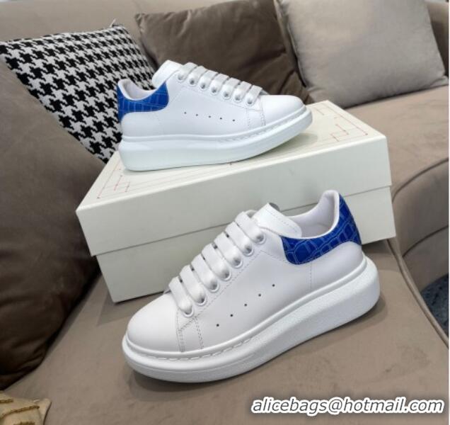 Low Cost Alexander Mcqueen White Silky Calfskin Crocodile-Like Back Sneakers Blue 111814