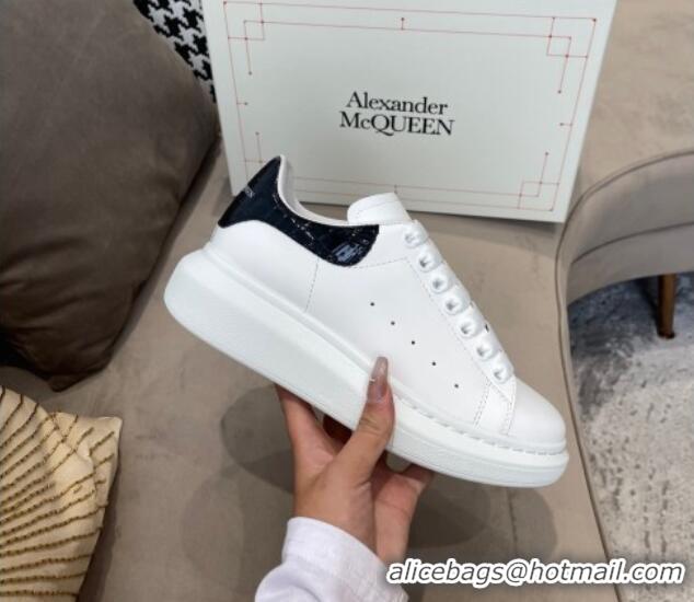 Super Quality Alexander Mcqueen White Silky Calfskin Crocodile-Like Back Sneakers Black 111815