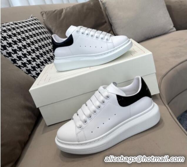 Super Quality Alexander Mcqueen White Silky Calfskin Crocodile-Like Back Sneakers Black 111815