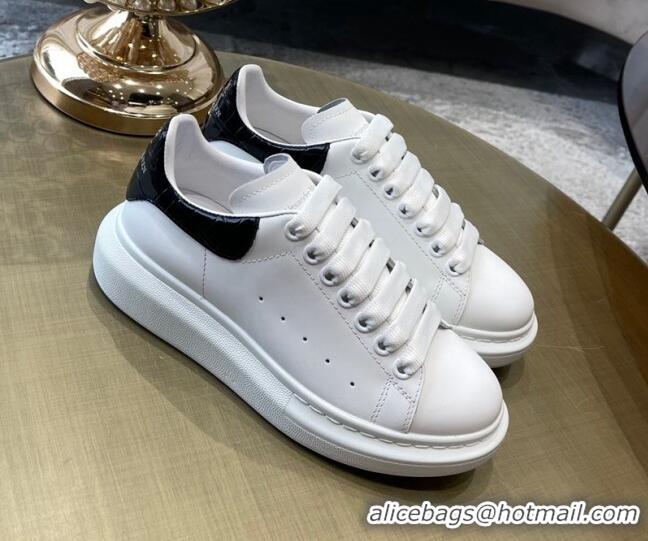 Super Quality Alexander Mcqueen White Silky Calfskin Crocodile-Like Back Sneakers Black 111815