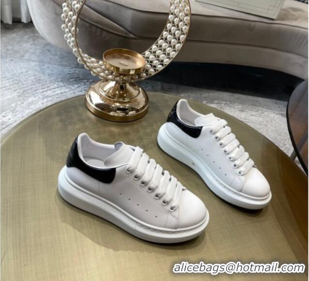 Super Quality Alexander Mcqueen White Silky Calfskin Crocodile-Like Back Sneakers Black 111815