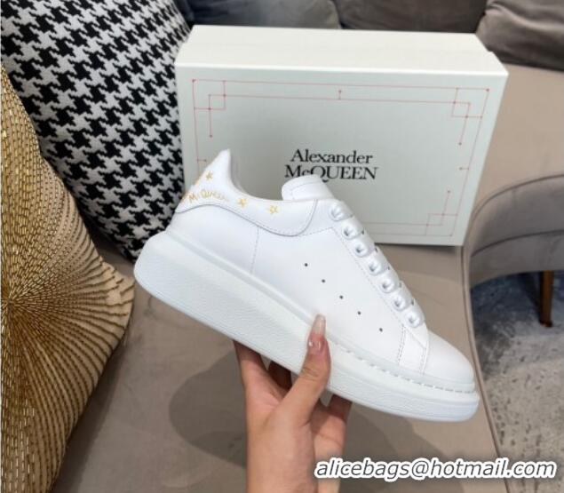 Good Quality Alexander Mcqueen White Silky Calfskin Peace-Dove Back Sneakers Gold 111816