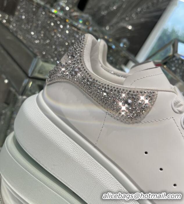 Most Popular Alexander Mcqueen White Silky Calfskin Crystal Back Sneakers Silver 111821