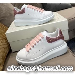 Custom Alexander Mcqueen White Silky Calfskin Crystal Back Sneakers Pink 111820