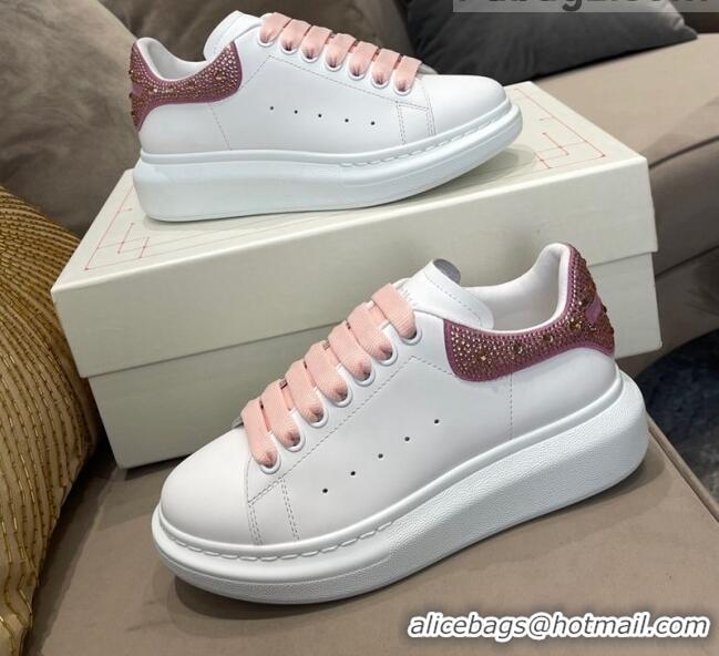 Custom Alexander Mcqueen White Silky Calfskin Crystal Back Sneakers Pink 111820