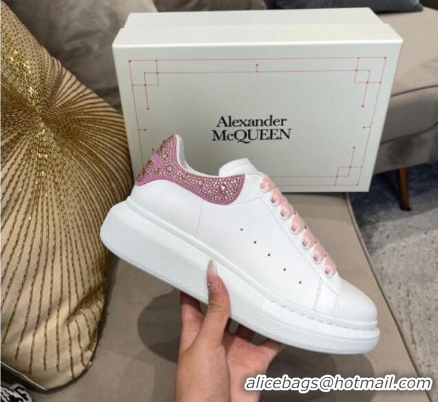 Custom Alexander Mcqueen White Silky Calfskin Crystal Back Sneakers Pink 111820