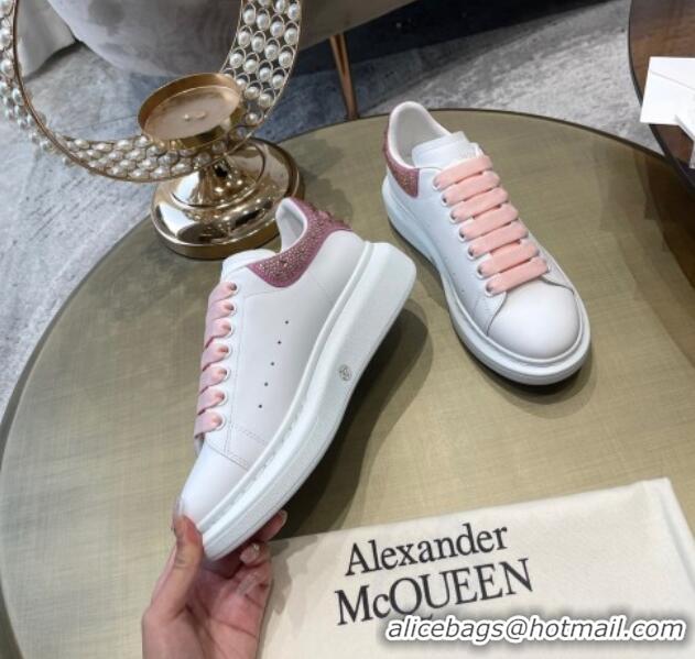 Custom Alexander Mcqueen White Silky Calfskin Crystal Back Sneakers Pink 111820