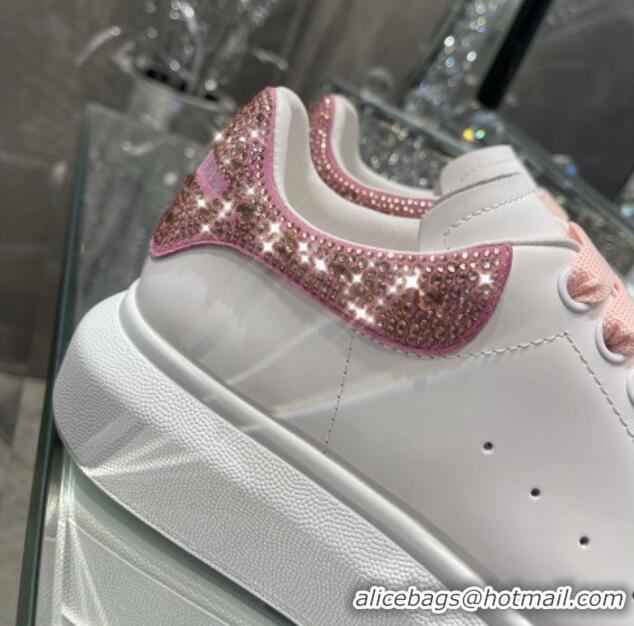 Custom Alexander Mcqueen White Silky Calfskin Crystal Back Sneakers Pink 111820