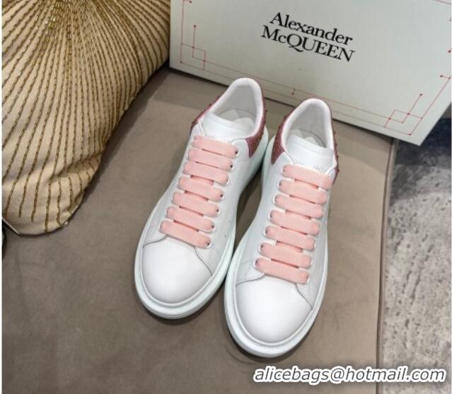 Custom Alexander Mcqueen White Silky Calfskin Crystal Back Sneakers Pink 111820