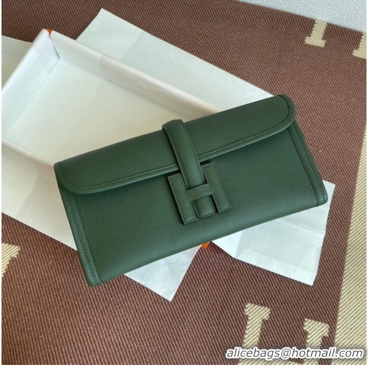 Buy Fashionable Hermes Original Espom Leather Clutch 37088 blackish green