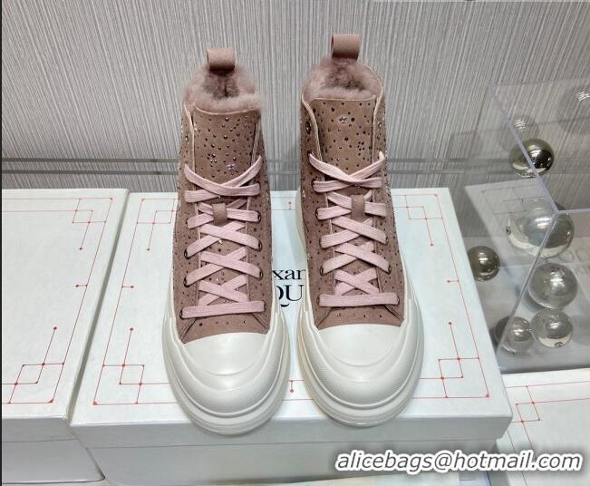 Best Design Alexander Mcqueen Crystal Suede and Wool Sneaker Boots Pink 111826