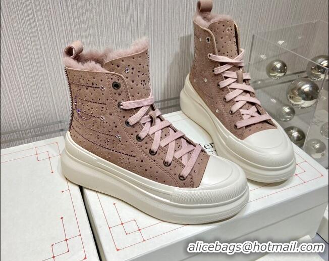 Best Design Alexander Mcqueen Crystal Suede and Wool Sneaker Boots Pink 111826