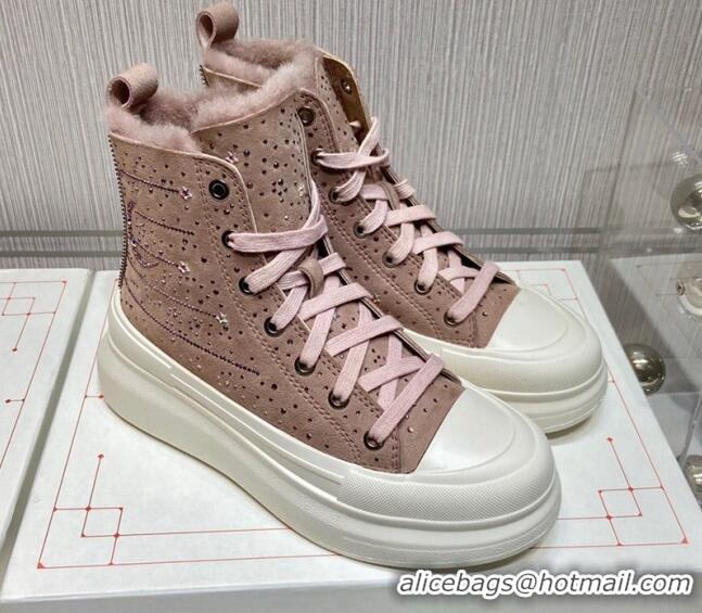 Best Design Alexander Mcqueen Crystal Suede and Wool Sneaker Boots Pink 111826