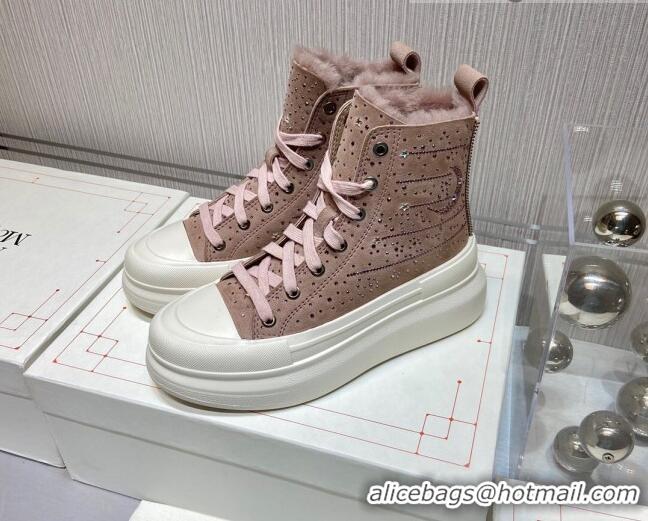 Best Design Alexander Mcqueen Crystal Suede and Wool Sneaker Boots Pink 111826