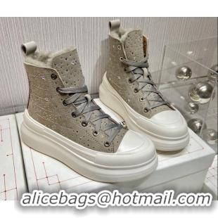 Discount Alexander Mcqueen Crystal Suede and Wool Sneaker Boots Grey 111829