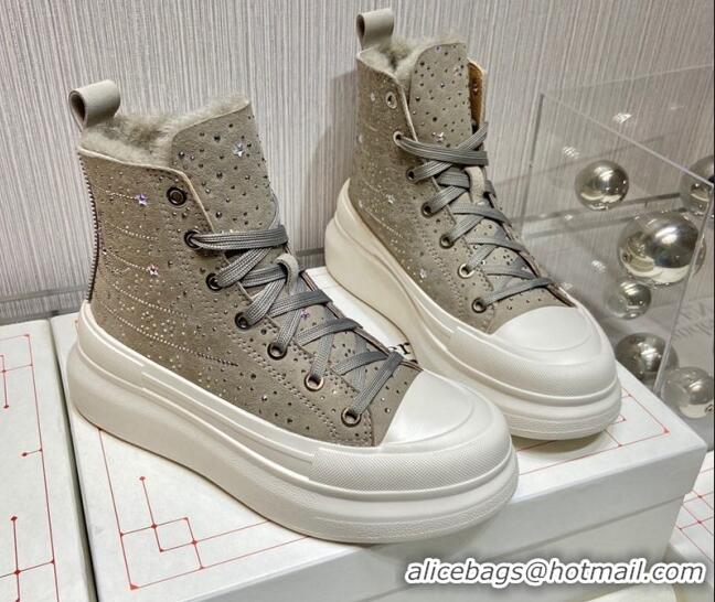 Discount Alexander Mcqueen Crystal Suede and Wool Sneaker Boots Grey 111829