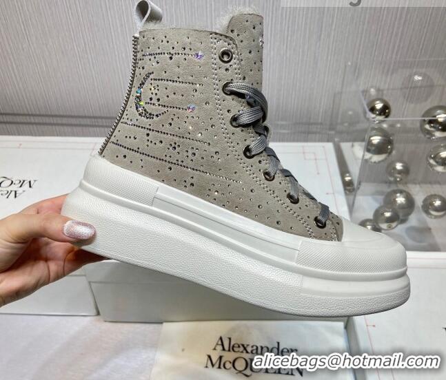 Discount Alexander Mcqueen Crystal Suede and Wool Sneaker Boots Grey 111829