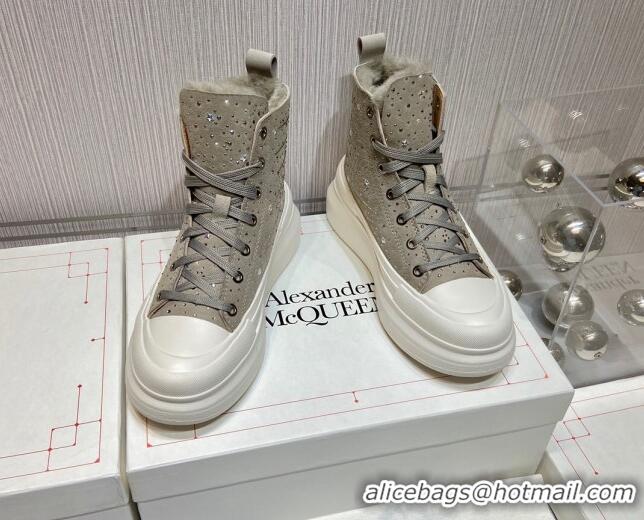 Discount Alexander Mcqueen Crystal Suede and Wool Sneaker Boots Grey 111829